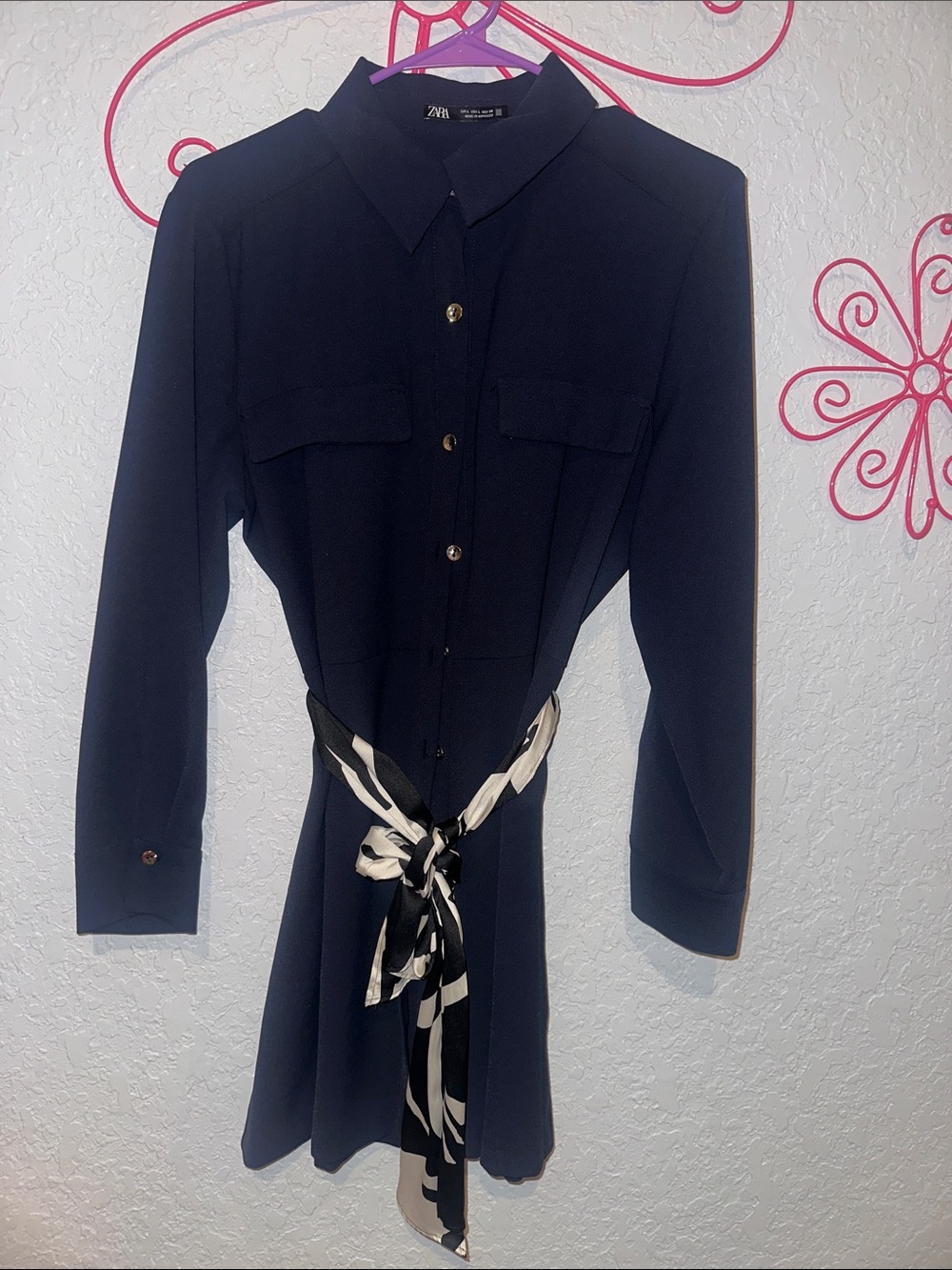 Zara Navy Long-Sleeve Shirt Dress with Black & White Tie size large